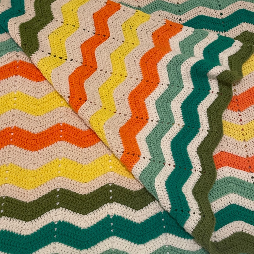 Vintage Crochet Afghan Throw Blanket Rectangle Chevron Pattern Multicolor